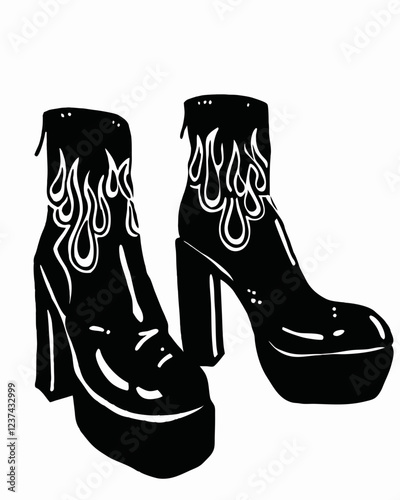 Bold Black and White Platform Boots with Flame Design, Stylish High-Heeled Shoes with Flame Patterns, Retro Fashion Footwear with Glossy Finish and Unique Artistic Detail