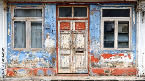 Weathered building facade, old door, peeling paint, city