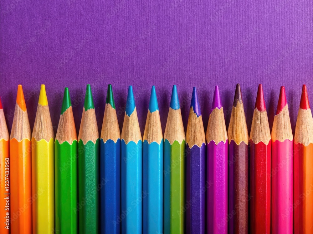A purple background showcases a delightful array of colorful wooden pencils, perfect stationery imagery. A purple background showcases a delightful array of colorful wooden pencils, perfect stationery imagery.
