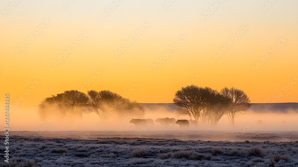 Foggy Sunrise Landscape with Bison Silhouettes and Trees Foggy Sunrise Landscape with Bison Silhouettes and Trees