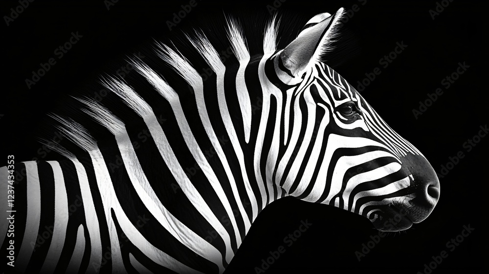 Fototapeta premium Zebra portrait, black background, wildlife, nature print