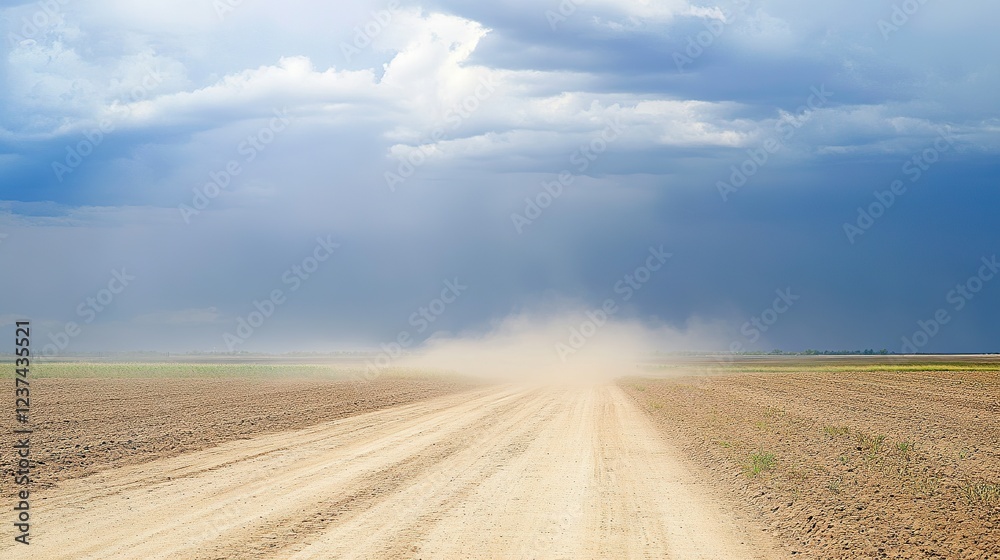 Naklejka premium Dusty road towards storm clouds over farmland. Nature photography for travel and weather reports