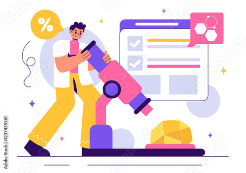 Vector Illustration of a Mineralogist Examining Natural Stones and Mineral Structures for Jewelry Making or Chemical Reactions in a Flat Background