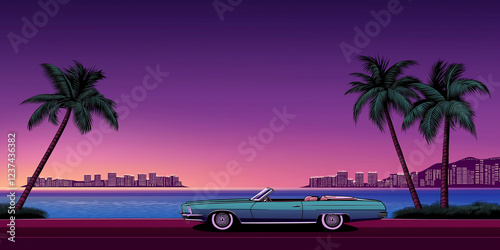 Classic convertible car parked by the sea at sunset with palm trees and city skyline in synthwave style