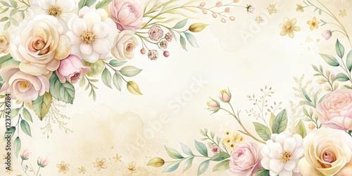 A delicate watercolor floral design on a soft ivory background with subtle gold accents and intricate details , romantic, wedding invitation suite