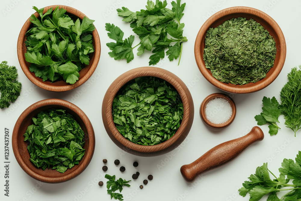 Overhead view of fresh and dried parsley in wooden bowls with salt, pepper, and pestle Overhead view of fresh and dried parsley in wooden bowls with salt, pepper, and pestle