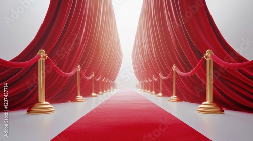 A red carpet with gold posts and a red curtain
