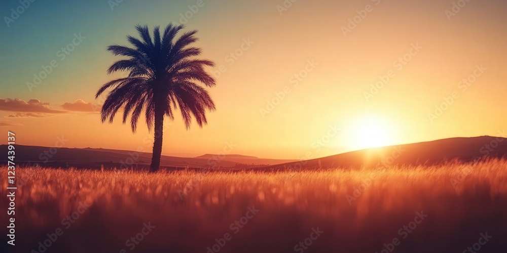palm tree in the middle of a field, with the soft, golden light of sunset casting a warm glow over the landscape and the gentle sway of the grass palm tree in the middle of a field, with the soft, golden light of sunset casting a warm glow over the landscape and the gentle sway of the grass