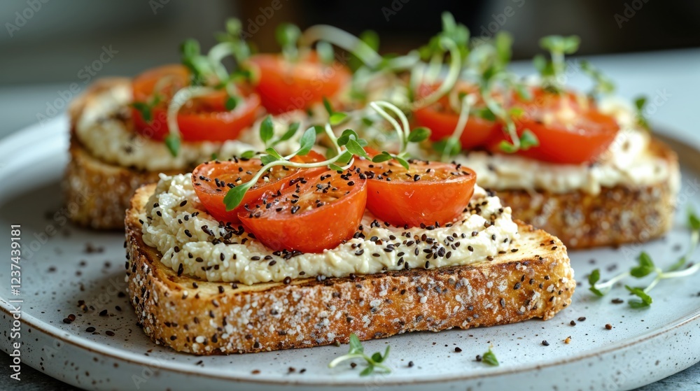 Savor the sight of toasted bread topped with creamy spread, vibrant red tomatoes, and delicate microgreens, inviting everyone to enjoy a delightful brunch experience. Savor the sight of toasted bread topped with creamy spread, vibrant red tomatoes, and delicate microgreens, inviting everyone to enjoy a delightful brunch experience.