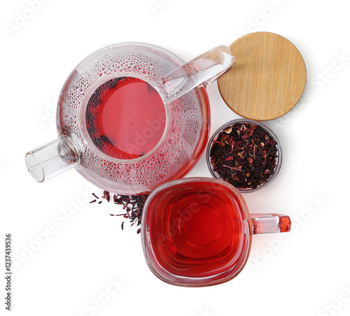 Tasty hibiscus tea isolated on white, top view photo