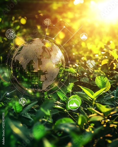 Global sustainability Earth in lush greenery, sunlight, network icons. Stock photo for environmental campaigns photo