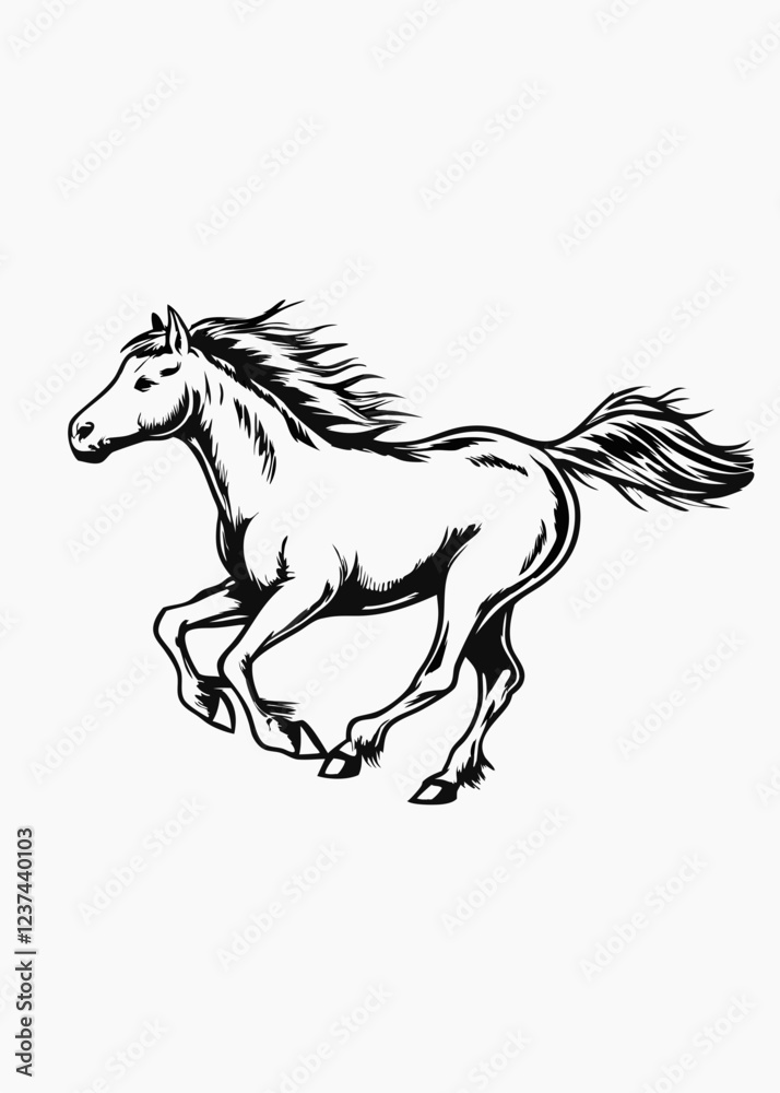 Obraz premium Dynamic Black and White Illustration of Galloping Horse, Powerful Horse Running in Motion with Mane Flowing, Equestrian Art of Fast-Moving Horse in Full Gallop