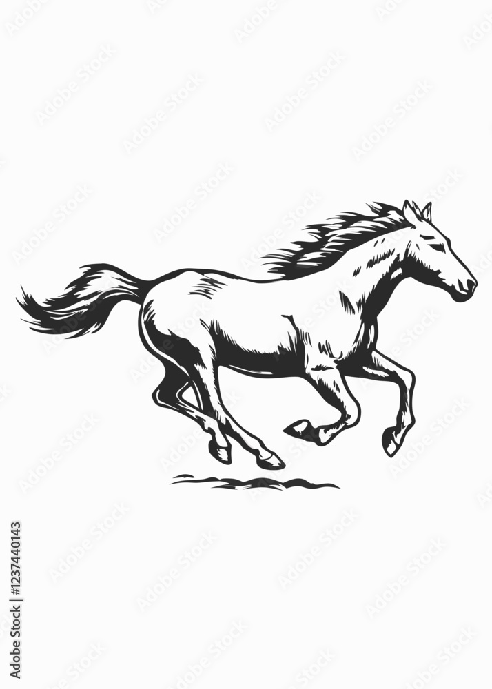 Obraz premium Dynamic Black and White Illustration of Galloping Horse, Powerful Horse Running in Motion with Mane Flowing, Equestrian Art of Fast-Moving Horse in Full Gallop