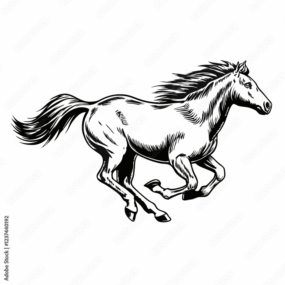 Obraz premium Dynamic Black and White Illustration of Galloping Horse, Powerful Horse Running in Motion with Mane Flowing, Equestrian Art of Fast-Moving Horse in Full Gallop