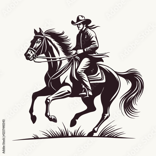 Wallpaper Mural Classic Cowboy Riding Horse, Black and White Illustration of a Western Rider on Galloping Horse, Equestrian Cowboy in Traditional Western Gear, Dynamic Cowboy in Action on Horseback Torontodigital.ca