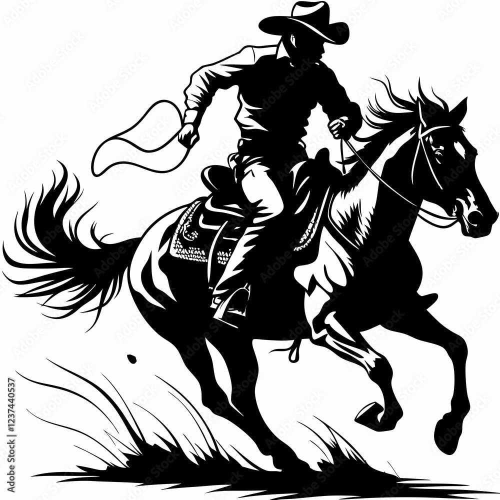 Dynamic Cowboy Riding Horse with Lasso, Action-Packed Black and White Illustration of a Cowboy on Horseback, Western Rider with Rope, Fast-Moving Equestrian Cowboy