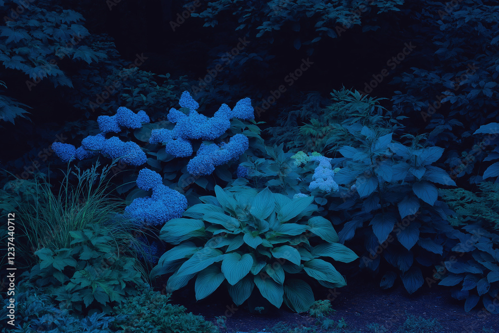 Obraz premium Blue Hydrangea Garden at Night