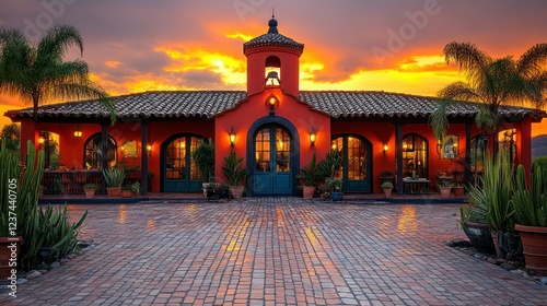 Stunning Sunset View of a Luxurious Spanish-Style Hacienda