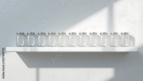 Empty glass jars on a white shelf in sunlight