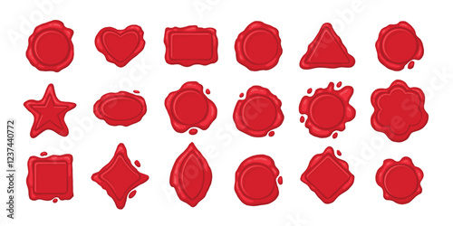 Cartoon wax stamps. Vintage postage seal stamp, red wax label marks, medieval post signet flat vector illustration set. Postal paraffin stamps collection