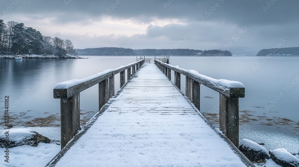 Naklejka premium peaceful Norwegian pier under a blanket of snow stretches toward the horizon, framed by the majestic beauty of a winter fjord