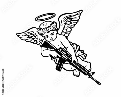 Controversial Angel with Gun, Powerful Black and White Artwork of a Cherub with Halo Holding a Rifle, Symbolic Angelic Figure with Military Weapon, Unique Depiction of Innocence and Strength