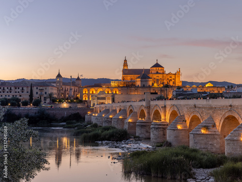 a dusk view of the ancient roman bridge and the mosque-cathedral of cordoba, spain