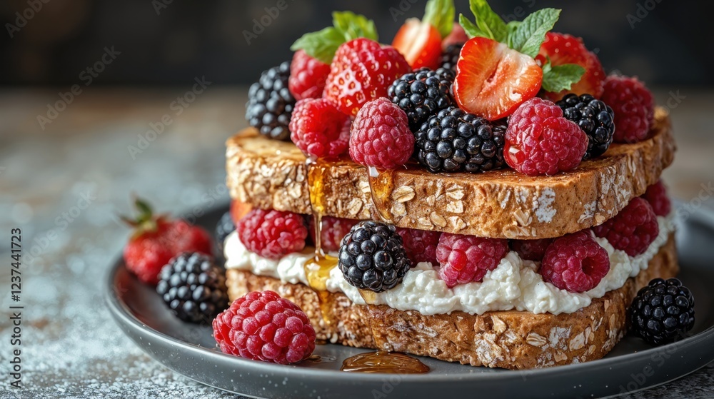 Whole grain bread is piled high with a colorful assortment of juicy berries, creamy cheese, and a drizzle of honey, garnished with fresh mint leaves. A tempting breakfast delight. Whole grain bread is piled high with a colorful assortment of juicy berries, creamy cheese, and a drizzle of honey, garnished with fresh mint leaves. A tempting breakfast delight.