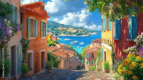 coastal French village, where the narrow alleys lead to stunning views of the sea, and the village's brightly colored buildings stand out against the backdrop