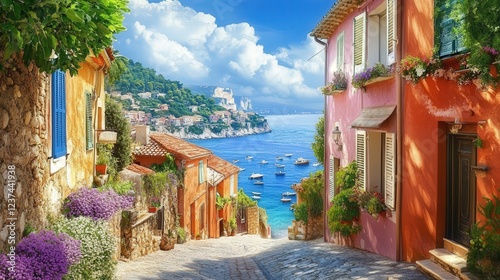 coastal French village, where the narrow alleys lead to stunning views of the sea, and the village's brightly colored buildings stand out against the backdrop