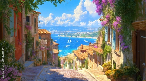 coastal French village, where the narrow alleys lead to stunning views of the sea, and the village's brightly colored buildings stand out against the backdrop