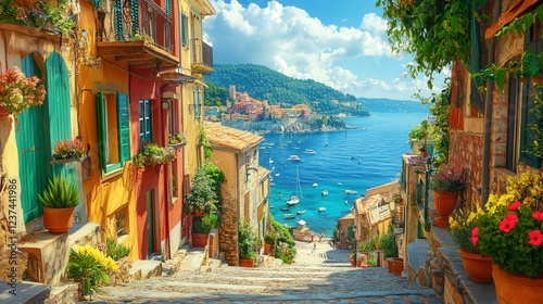 coastal French village, where the narrow alleys lead to stunning views of the sea, and the village's brightly colored buildings stand out against the backdrop