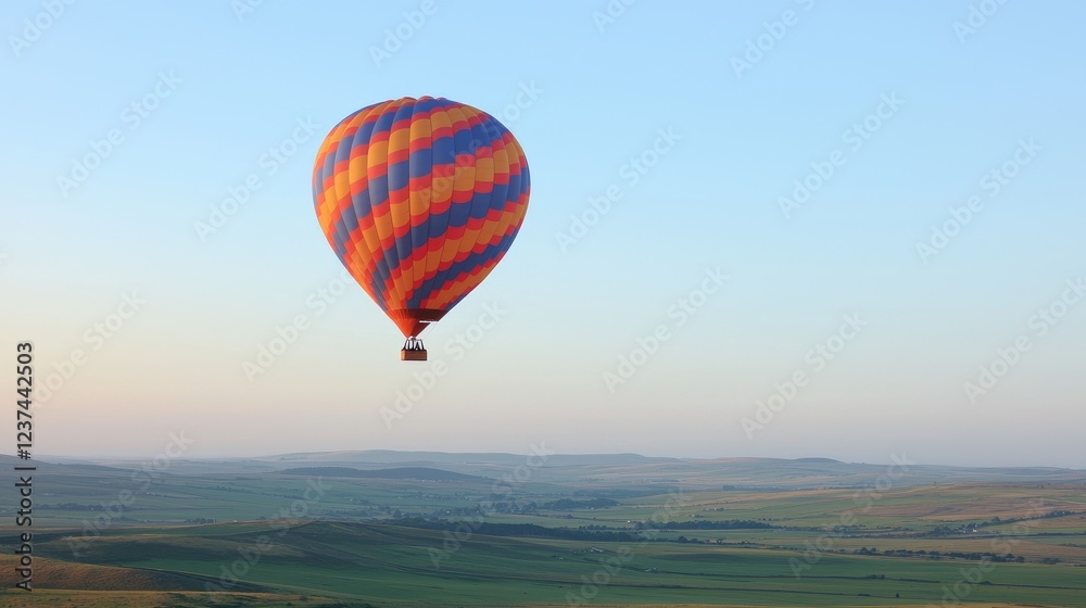 Fototapeta premium Hot air balloon soaring over serene countryside at dawn; travel, adventure