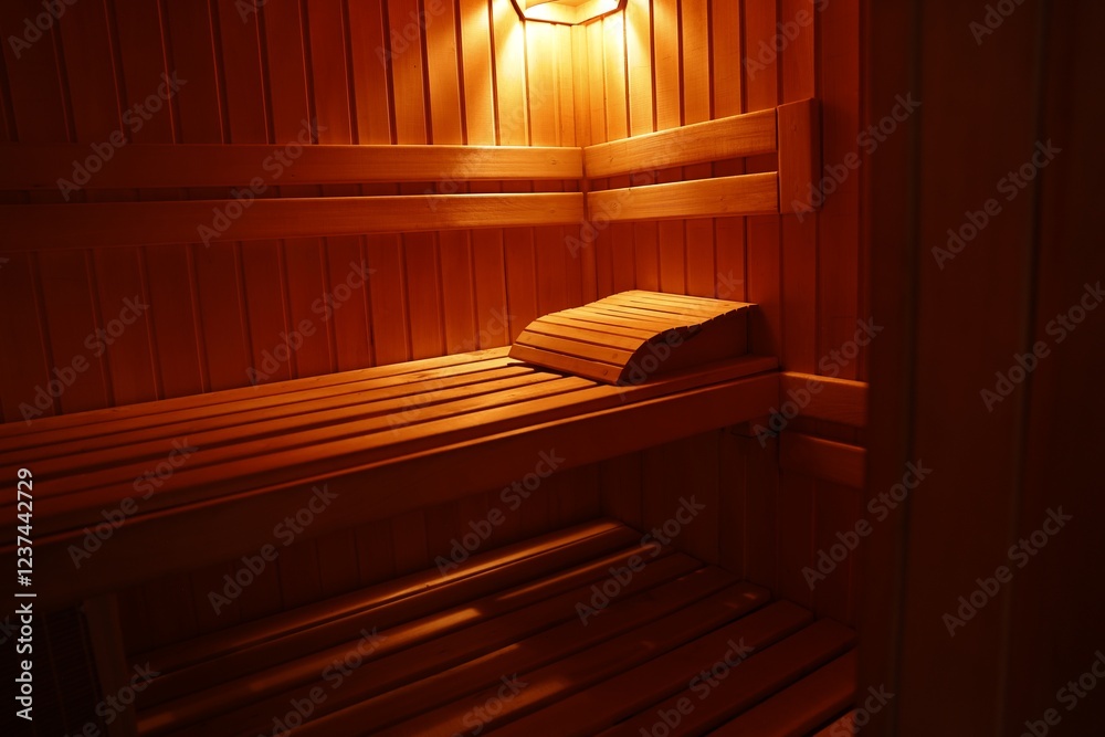 View of empty wooden sauna with bench View of empty wooden sauna with bench