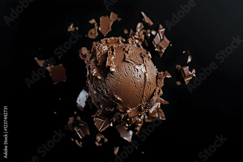 Chocolate Ice Cream Shattering on Black Background