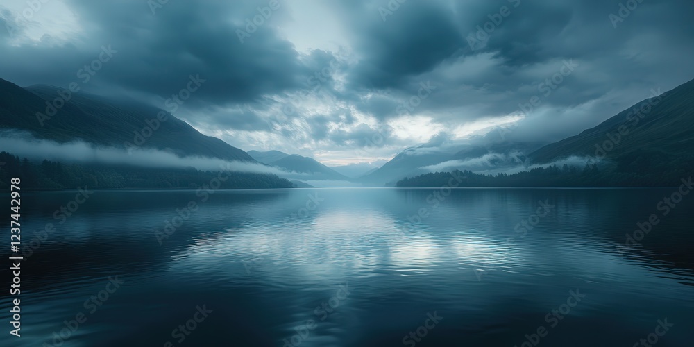 Fototapeta premium mountain pond at Glenridding, with calm water and a cloudy sky, showcasing the stillness after the rainstorm has passed
