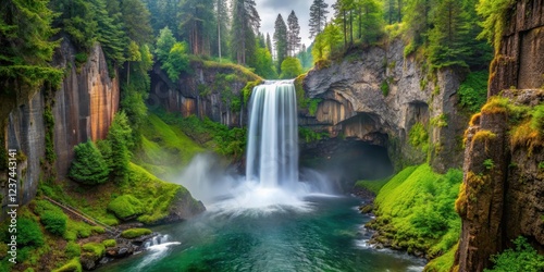 Close-up view of misty Toketee Falls with lush greenery and water droplets suspended in the air, waterfall, mist