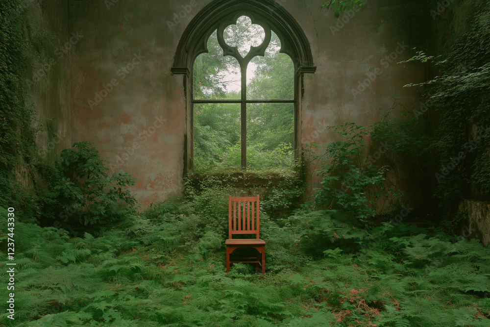 Overgrown Ruins with a Lonely Chair