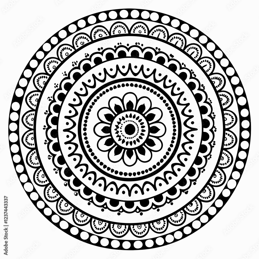 Symmetrical Mandala Design with Circular Floral Patterns, Intricate Black and White Mandala with Radiating Petals and Geometric Elements, Detailed Mandala Art with Repeating Flower Motifs Symmetrical Mandala Design with Circular Floral Patterns, Intricate Black and White Mandala with Radiating Petals and Geometric Elements, Detailed Mandala Art with Repeating Flower Motifs