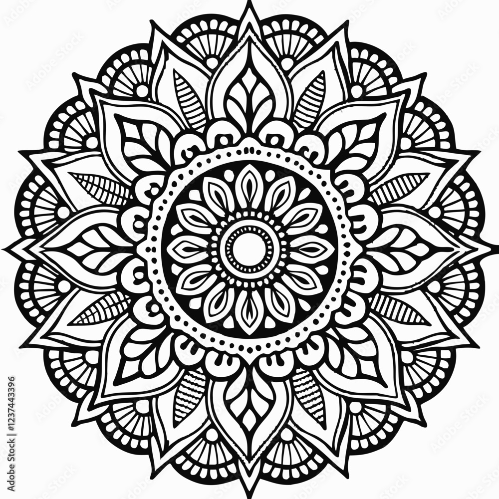 Intricate Black and White Mandala Design with Floral and Leaf Motifs, Detailed Geometric Mandala Art with Symmetrical Petals and Organic Patterns, Beautiful Mandala Artwork Intricate Black and White Mandala Design with Floral and Leaf Motifs, Detailed Geometric Mandala Art with Symmetrical Petals and Organic Patterns, Beautiful Mandala Artwork