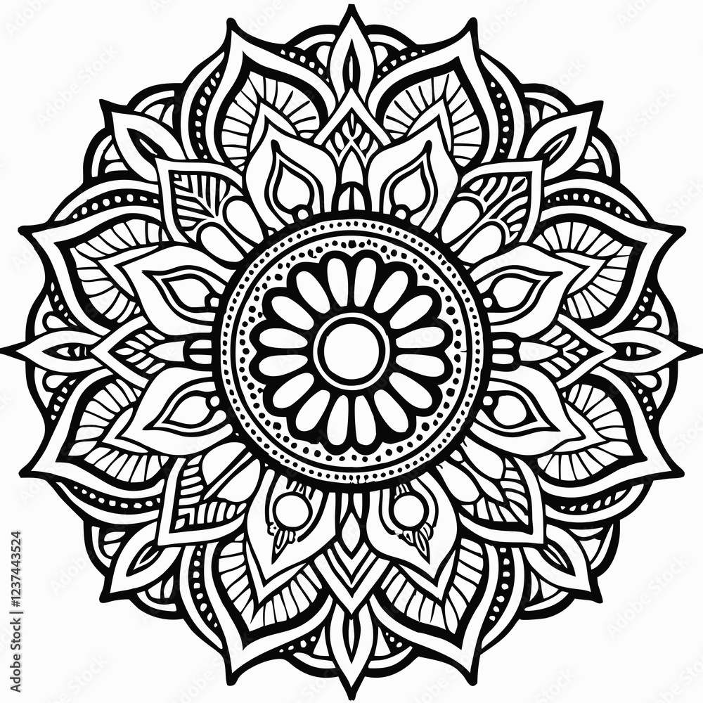 Intricate Black and White Mandala Design with Floral and Leaf Motifs, Detailed Geometric Mandala Art with Symmetrical Petals and Organic Patterns, Beautiful Mandala Artwork Intricate Black and White Mandala Design with Floral and Leaf Motifs, Detailed Geometric Mandala Art with Symmetrical Petals and Organic Patterns, Beautiful Mandala Artwork