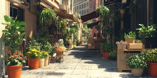 picturesque city street where potted plants add charm to the urban setting, with deliveries taking place, highlighting the connection between nature and urban living