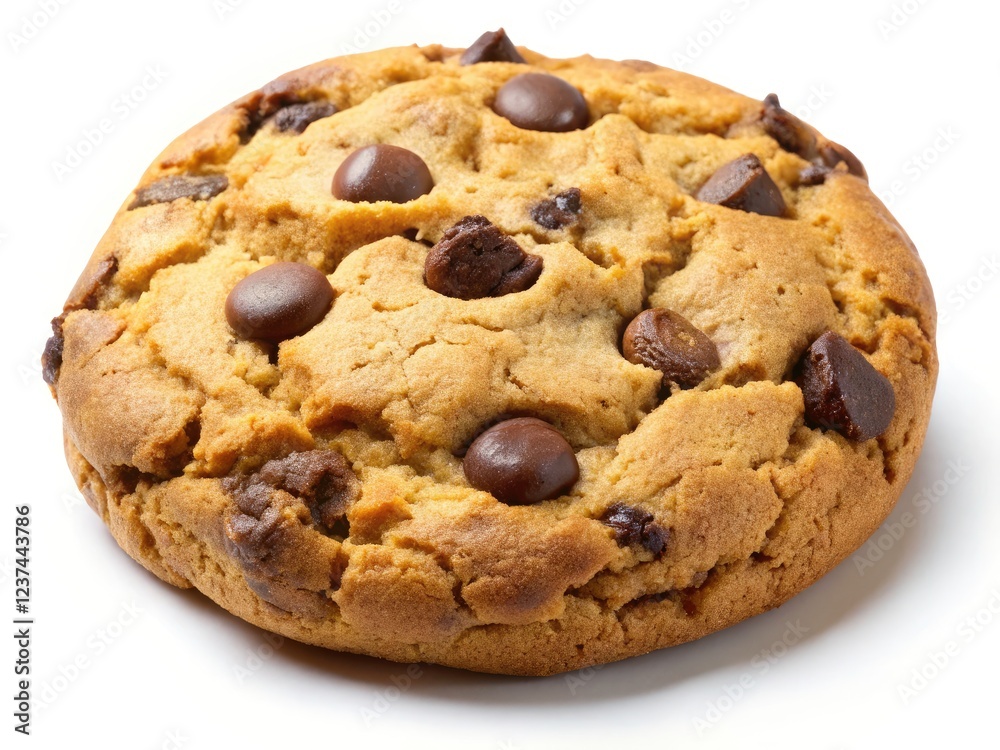 Isolated, bakery-fresh chocolate chip cookie; crisp detail, shallow depth of field, white background. Isolated, bakery-fresh chocolate chip cookie; crisp detail, shallow depth of field, white background.
