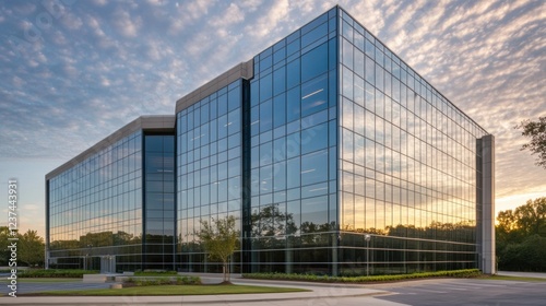 modern glass office building at sunset