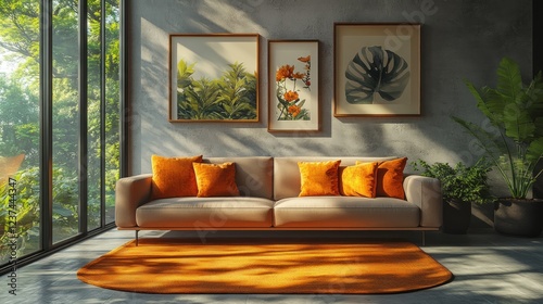 Wallpaper Mural Sunlit living room sofa, jungle view, orange rug, botanical art Torontodigital.ca