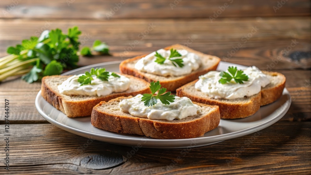 Plate with slices of bread topped with creamy spread, bread, slice, plate, spread, creamy, topping, food, snack Plate with slices of bread topped with creamy spread, bread, slice, plate, spread, creamy, topping, food, snack