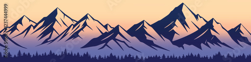 Sunrise in the mountains, panoramic view, seamless border, vector illustration