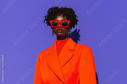 Stylish woman with red sunglasses and orange blazer against a purple wall