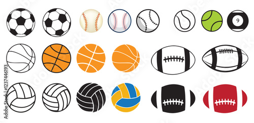 Sports ball set. Ball icon. Football, Soccer, Basketball, Tennis, Baseball, Volleyball, Tennis Ball, Handball, Billiard Ball.
