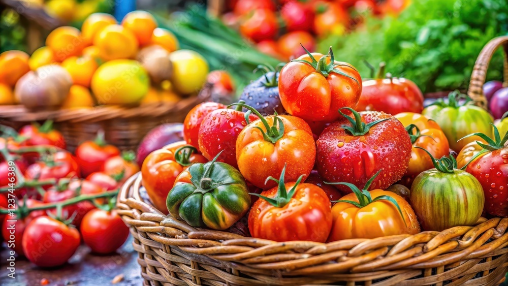 Colorful wet whole tomatoes arranged in a basket at a vibrant outdoor market stalls Colorful wet whole tomatoes arranged in a basket at a vibrant outdoor market stalls